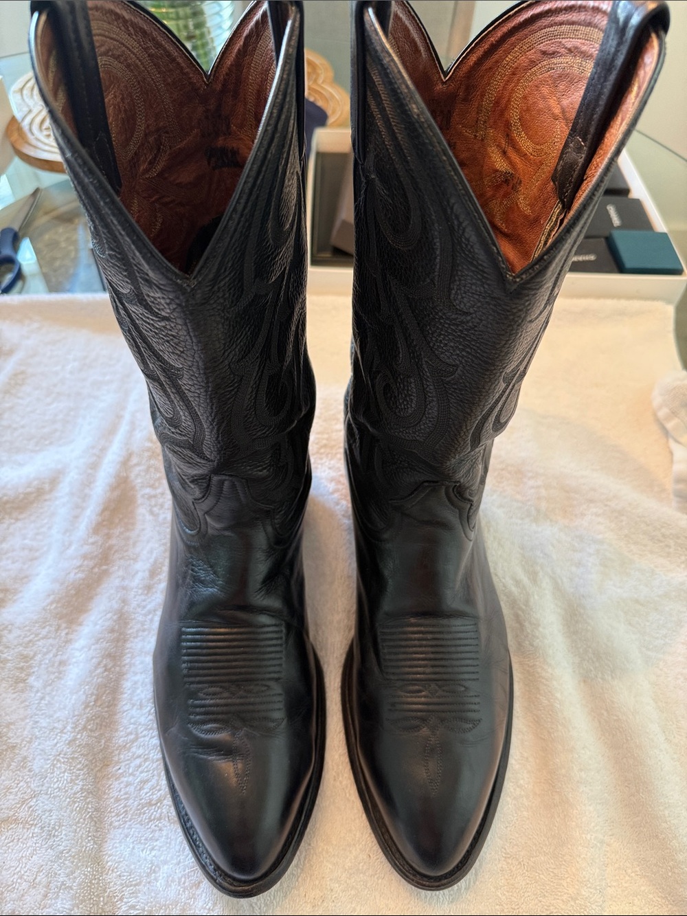 Tony Lama Black Leather Cowboy Boots with Decorative Stitching